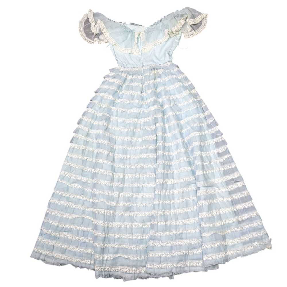 VTG Baby Blue Frilly Off-Shoulder Tiered Long Dre… - image 5