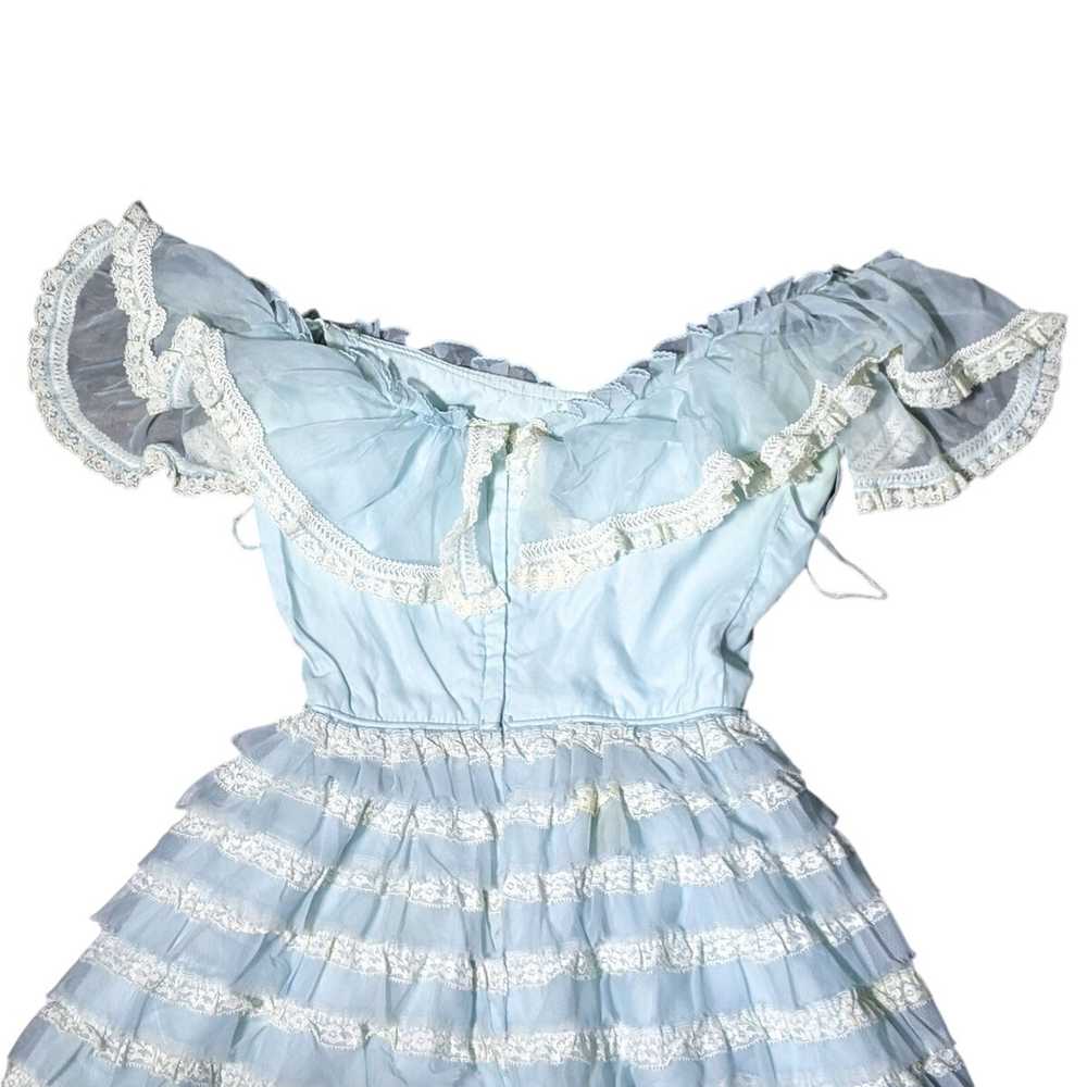 VTG Baby Blue Frilly Off-Shoulder Tiered Long Dre… - image 6