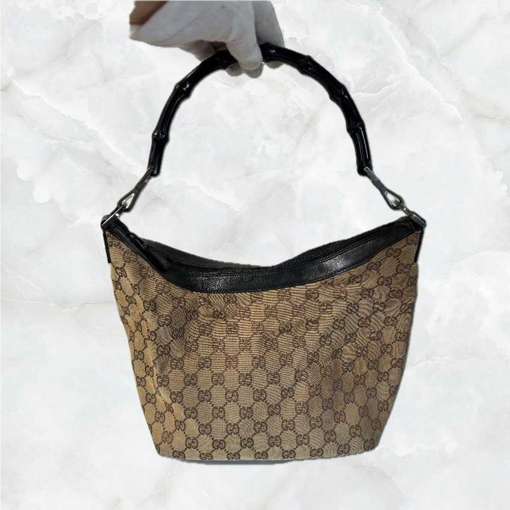 GUCCI Bamboo Black GG Canvas Handbag - image 1