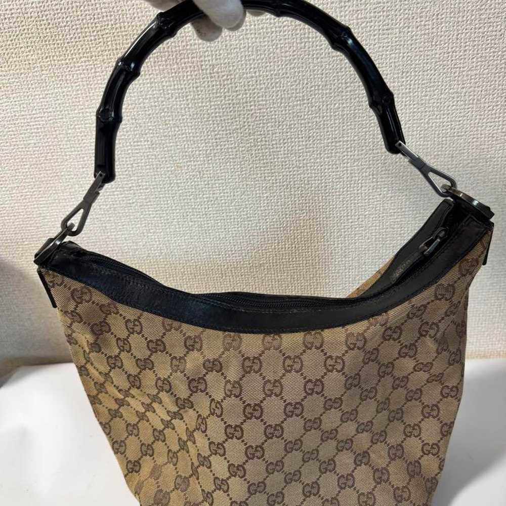 GUCCI Bamboo Black GG Canvas Handbag - image 2