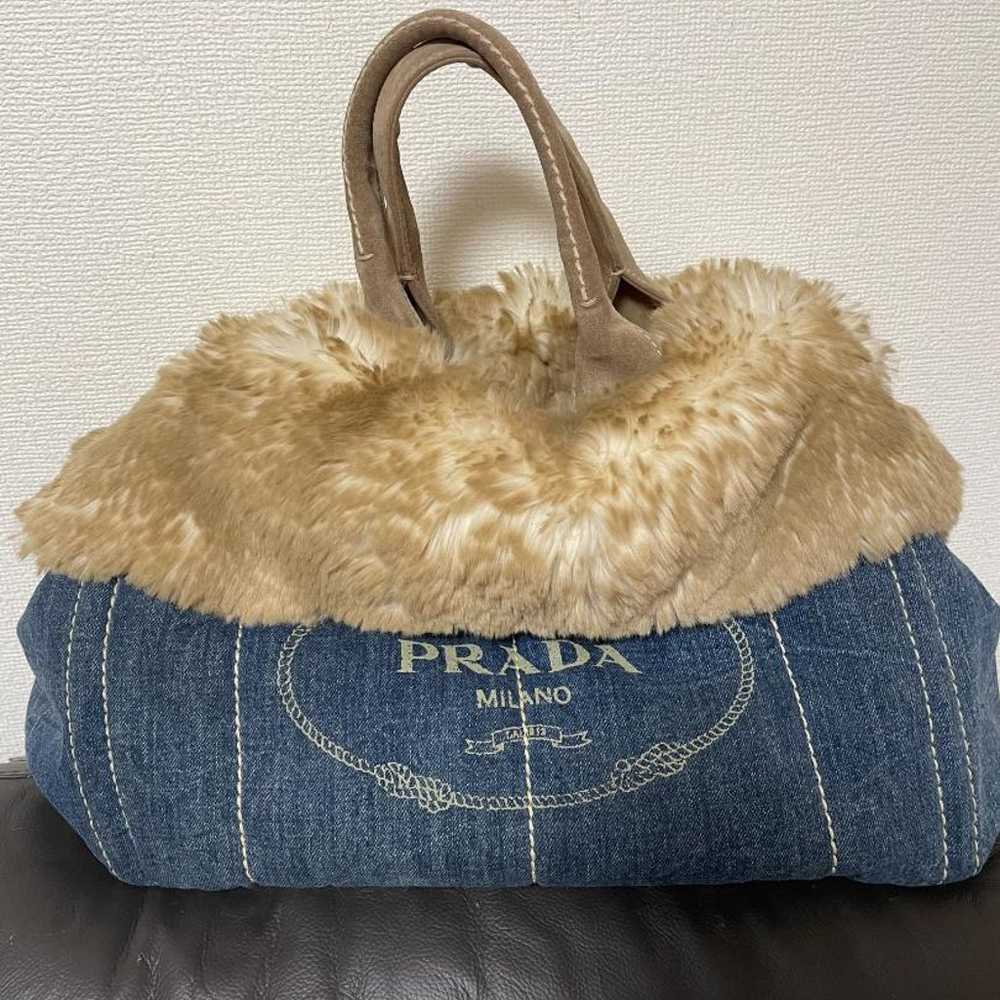 [Prada] Ladies Tote Bag Canapa Denim Fur Indigo (… - image 2