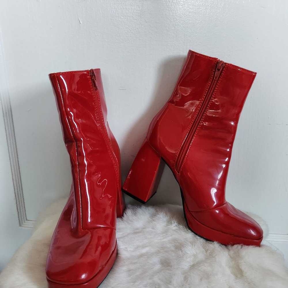 Bamboo Patent Leather Red Mid Calf Block Heel Boo… - image 1