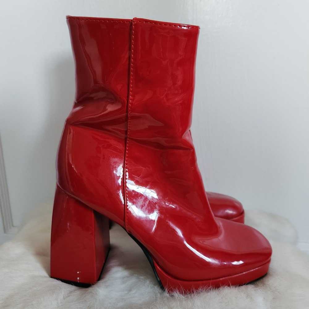 Bamboo Patent Leather Red Mid Calf Block Heel Boo… - image 3