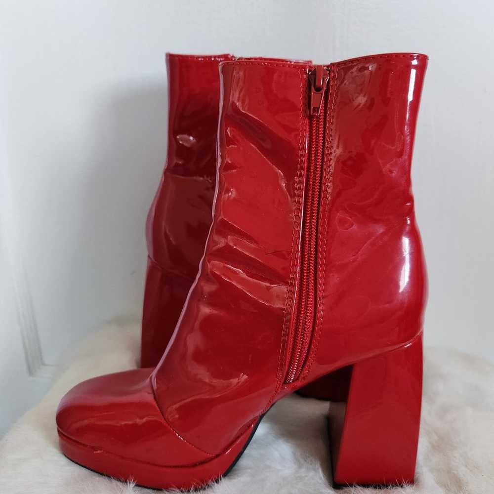 Bamboo Patent Leather Red Mid Calf Block Heel Boo… - image 5