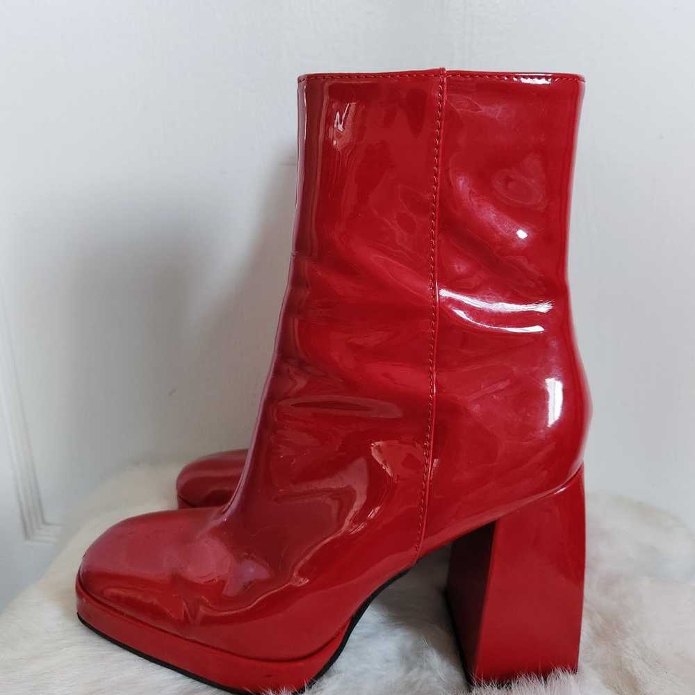 Bamboo Patent Leather Red Mid Calf Block Heel Boo… - image 7