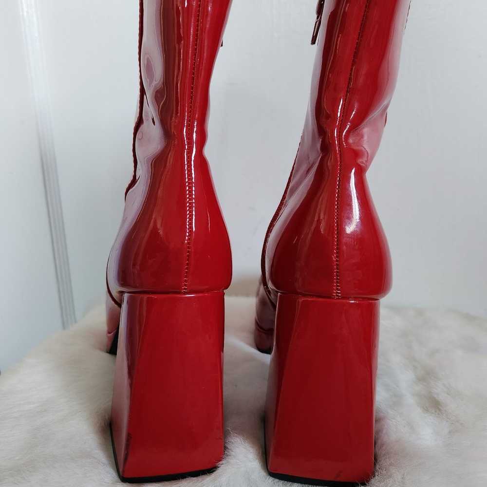 Bamboo Patent Leather Red Mid Calf Block Heel Boo… - image 8