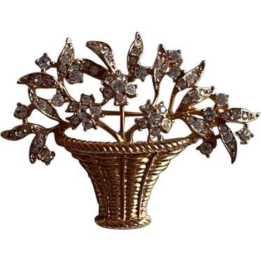 Vintage Gold Tone Rhinestone Flower Basket Brooch