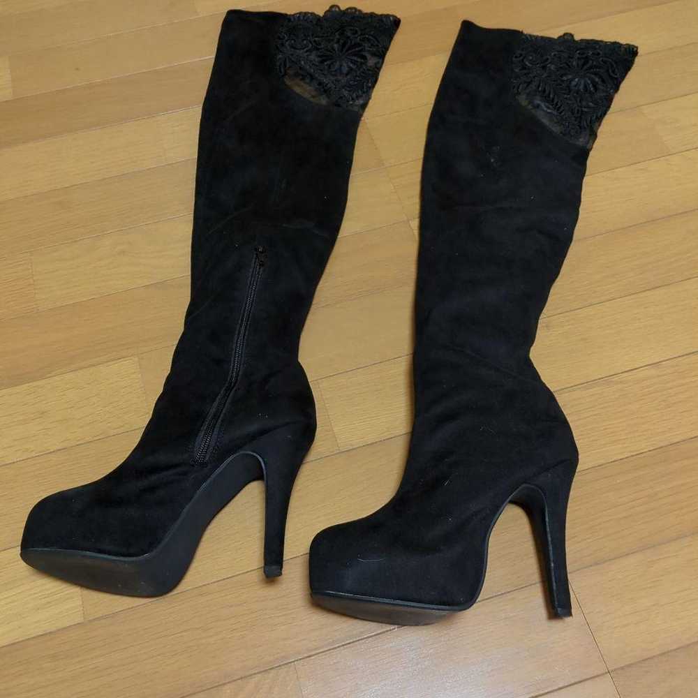 Black suede long boots with high heels. - image 2