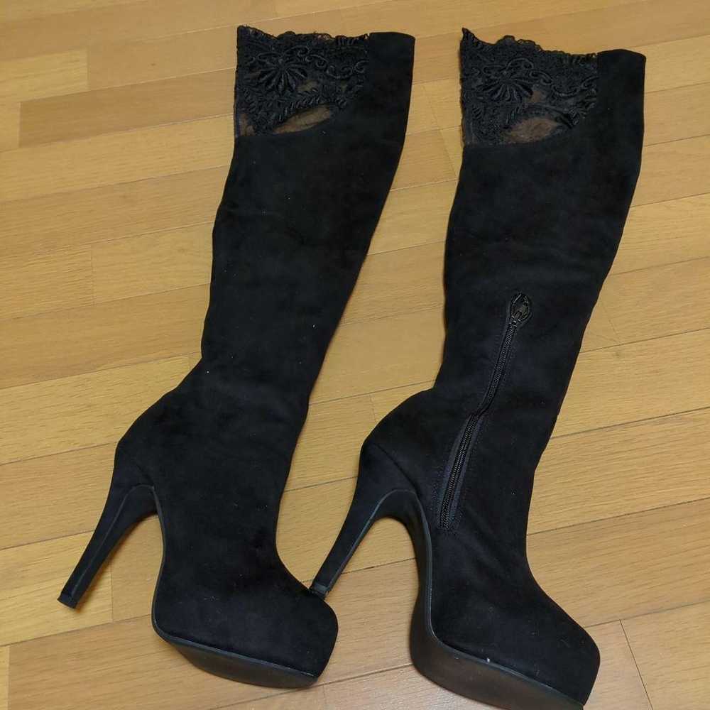 Black suede long boots with high heels. - image 3