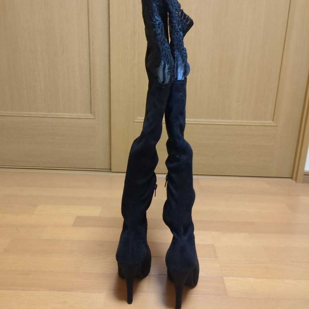 Black suede long boots with high heels. - image 4