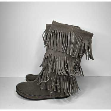 Vintage Minnetonka grey gray suede leather fringe 