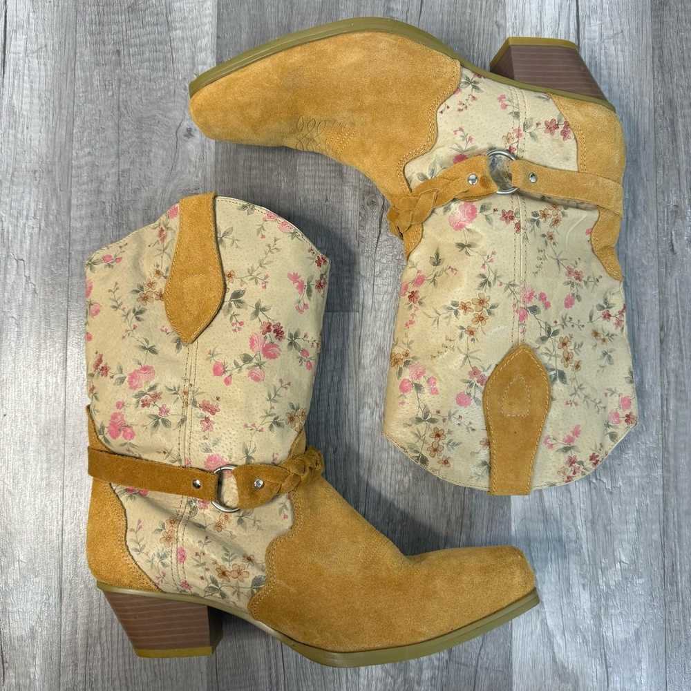 Santa Fe Co Tan Cream Floral Suede Leather Wester… - image 3