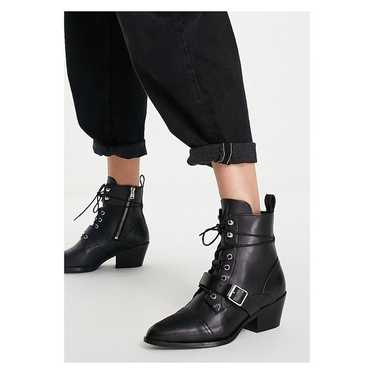 ALLSAINTS Katy Lace Up Leather Buckle Boots 8 Blac