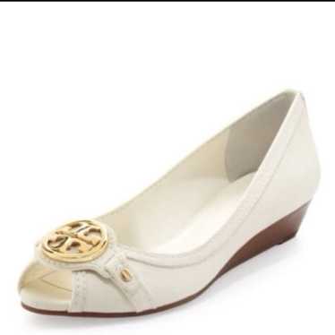 Tory Burch Leticia Peep-Toe Low Wedge, Ivory