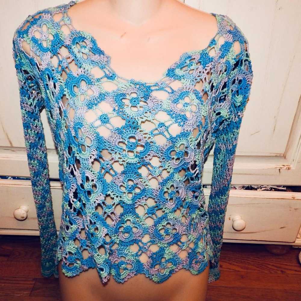 VINTAGE 90's Y2K CROCHET PASTEL COTTON SWEATER GO… - image 2