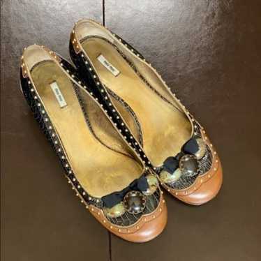 Miu Miu Black and Brown Stone Embellished Flats