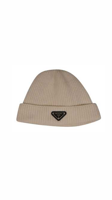 Prada Ribbed Beanie Traingle Plaque Logo Tan Whit… - image 1