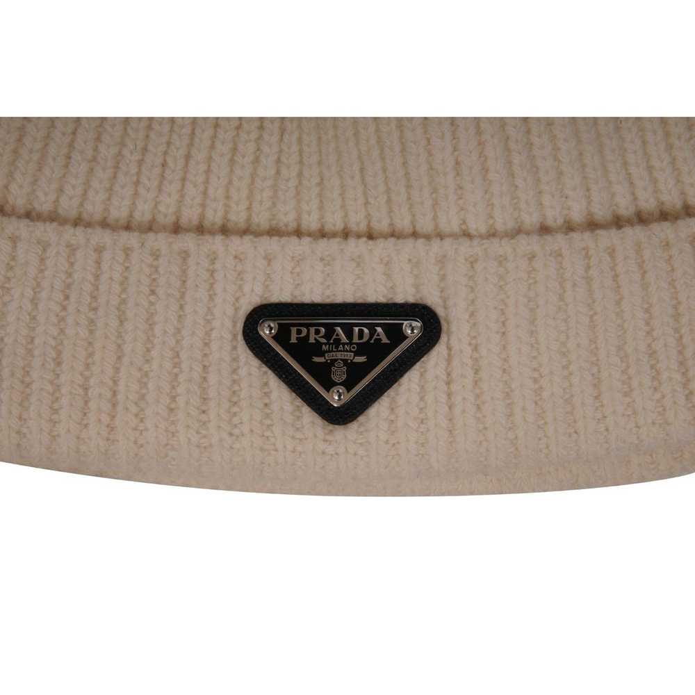 Prada Ribbed Beanie Traingle Plaque Logo Tan Whit… - image 2