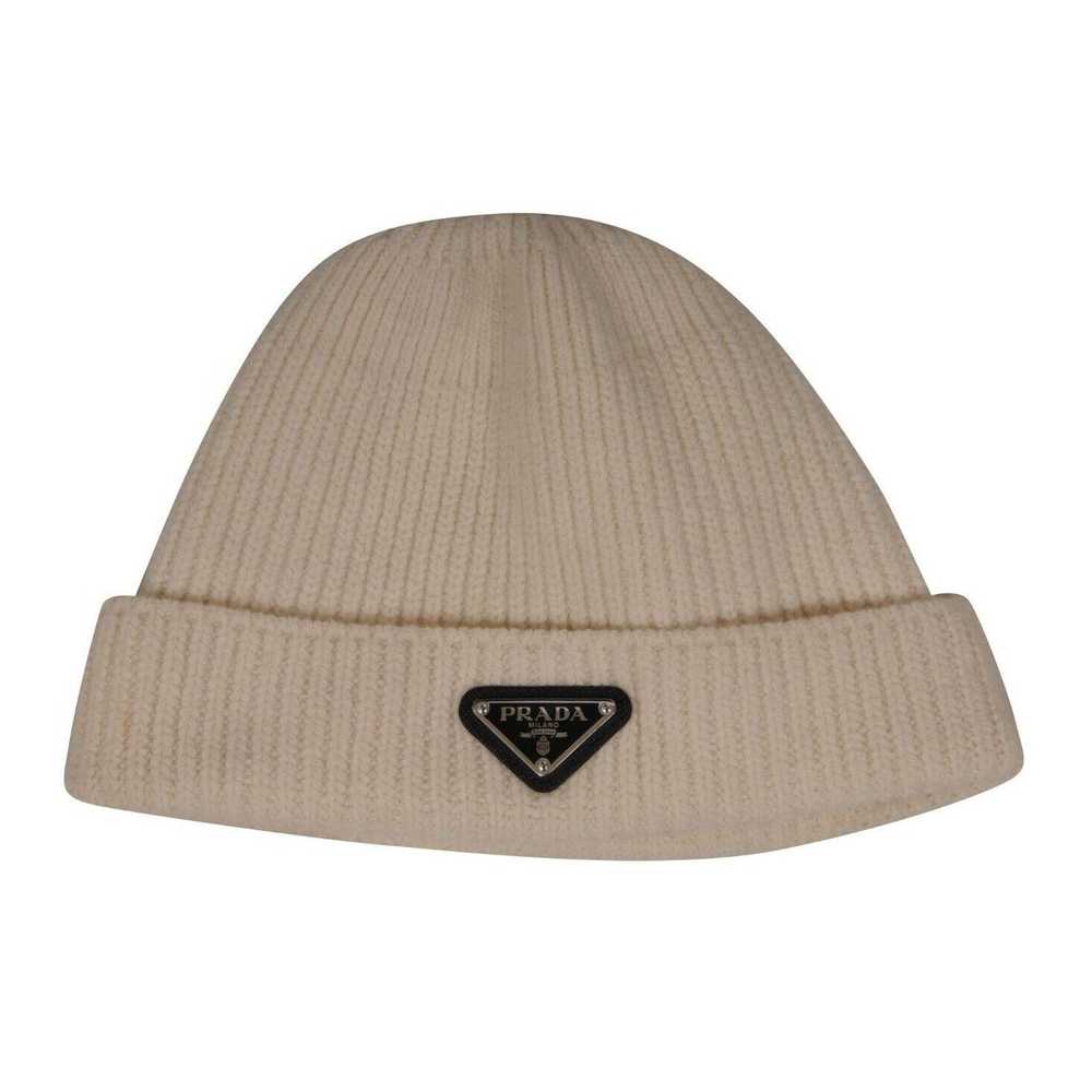 Prada Ribbed Beanie Traingle Plaque Logo Tan Whit… - image 6