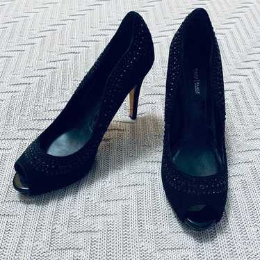 WHBM black suede rhinestone peep toe heels