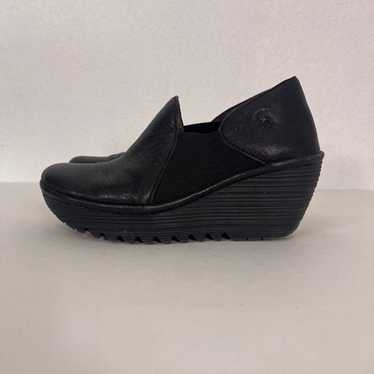 Fly London Black Leather High Heel Wedges