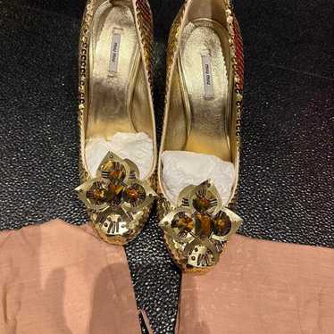 Miu Miu Gold Bejeweled Sequin Pumps - image 1