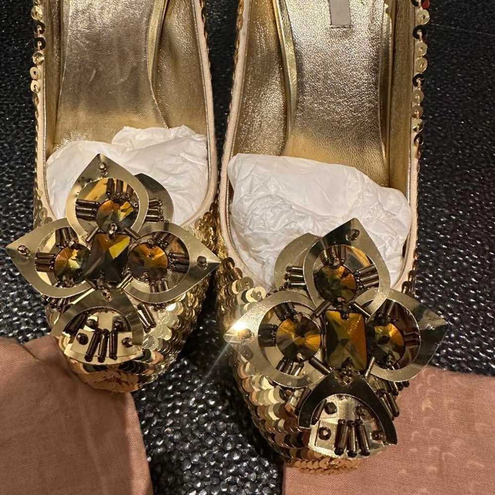 Miu Miu Gold Bejeweled Sequin Pumps - image 2