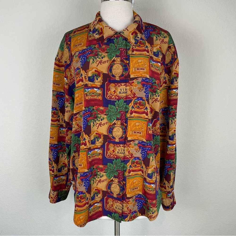 Vintage Tan Maroon Wine Graphic Button Down Marti… - image 1