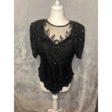 1980s Lawrence Kazar Black Beaded Fringe Silk Top… - image 1