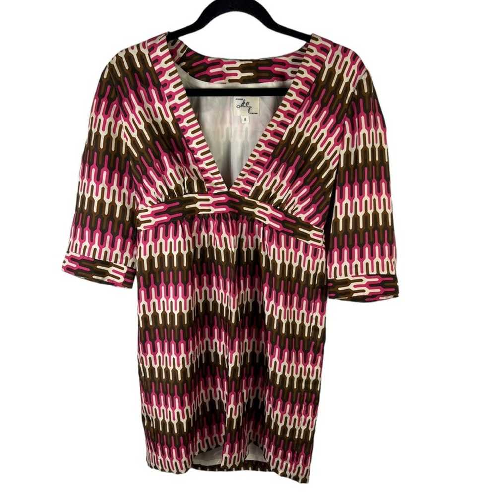 Milly Silk Dress Geometric Print Mod V-Neck sz 6 - image 7