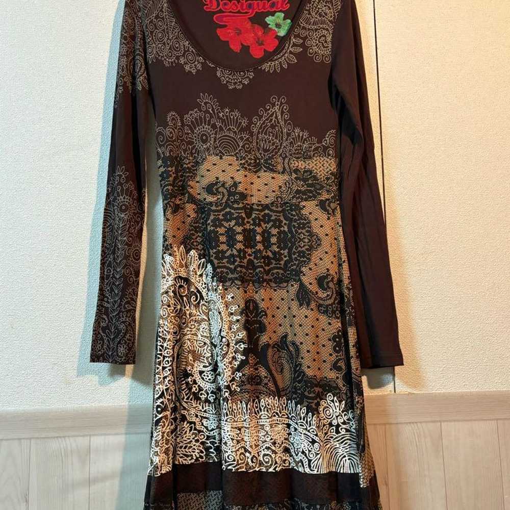 Desigual Bohemian Style Long Sleeve Dress Brown - image 1