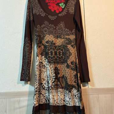 Desigual Bohemian Style Long Sleeve Dress Brown - image 1