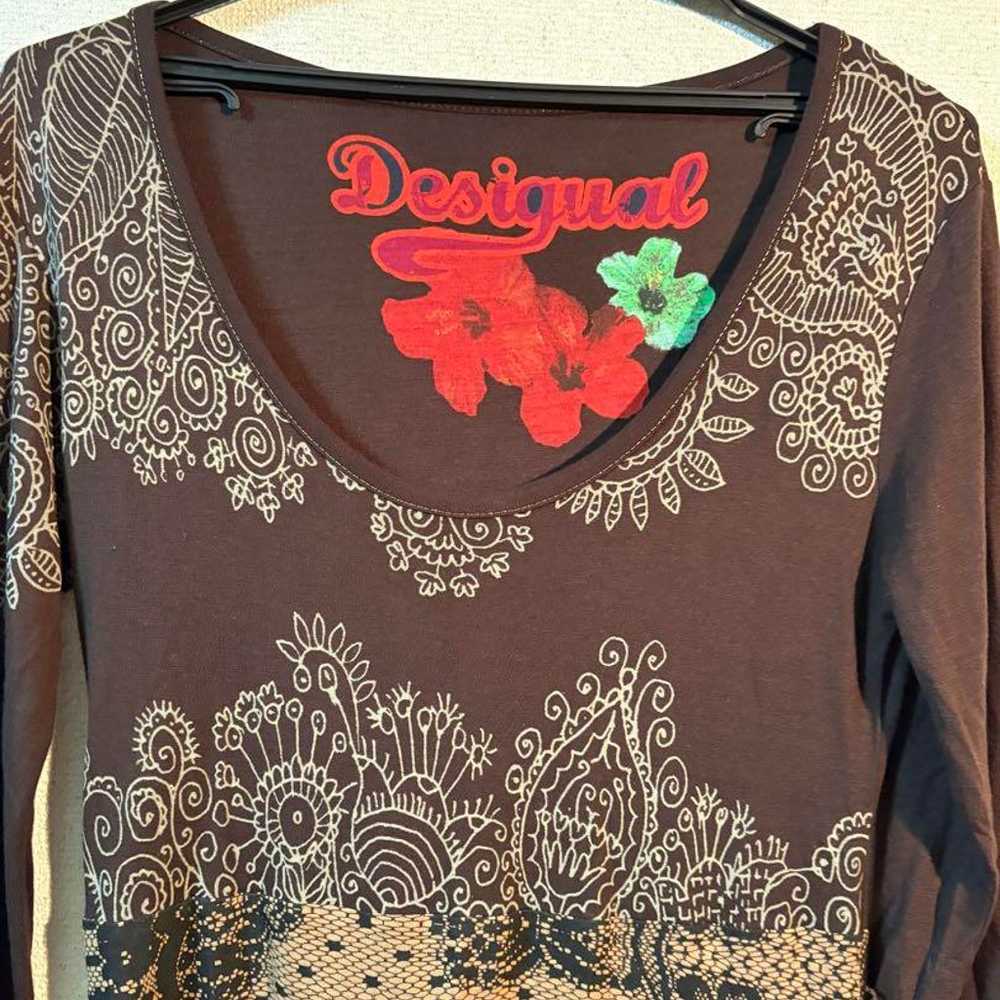 Desigual Bohemian Style Long Sleeve Dress Brown - image 3