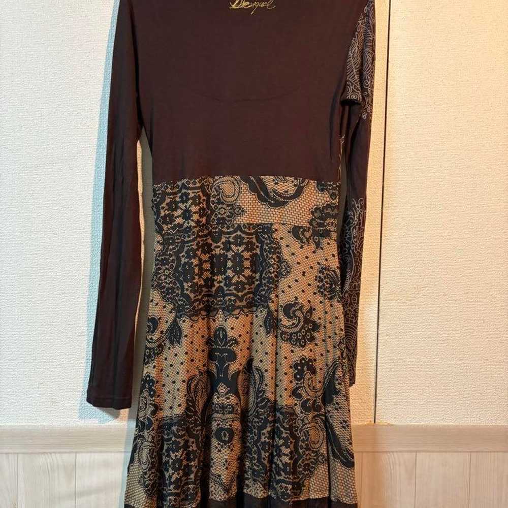 Desigual Bohemian Style Long Sleeve Dress Brown - image 4