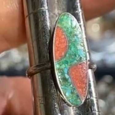 Sterling Silver Chip inlay turquoise and coral ri… - image 1