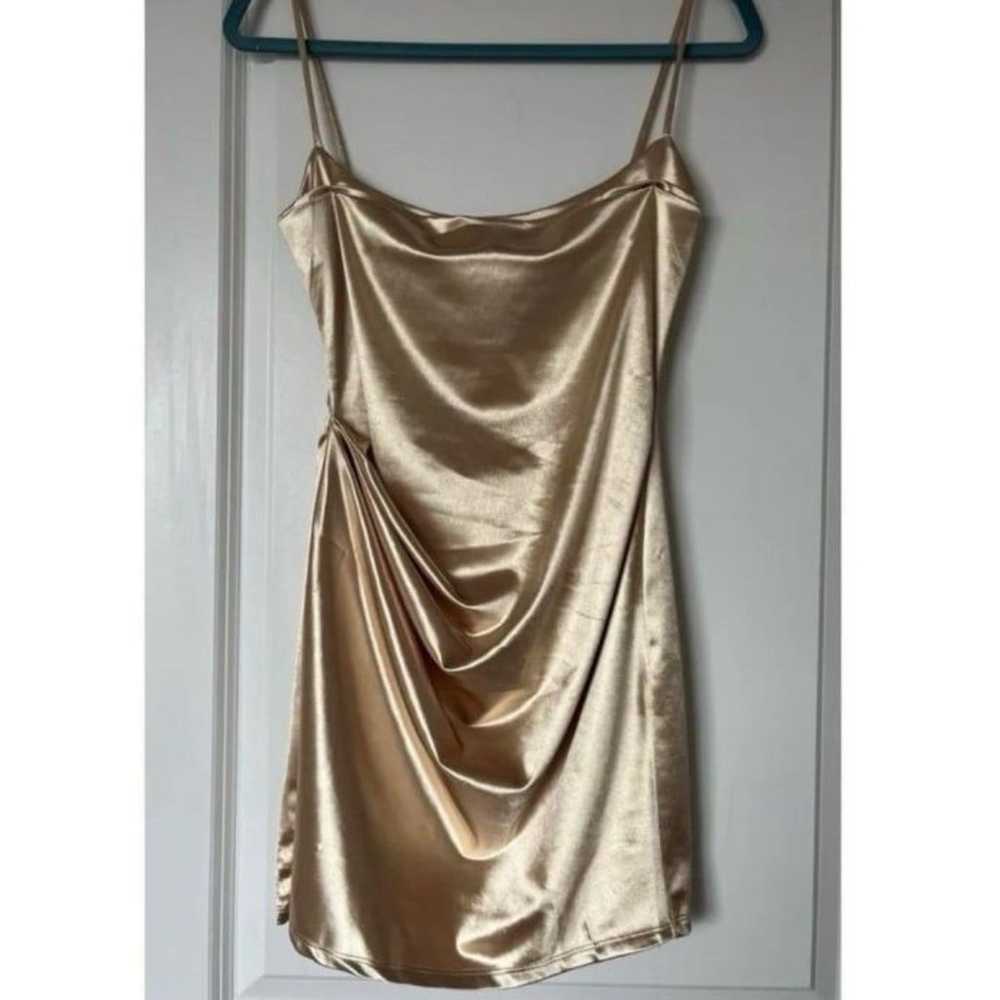 Gold rusched cowl neck satin mini dress - image 2