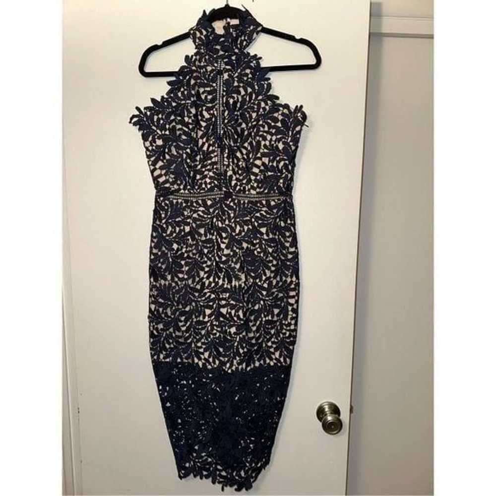 Lulus Floral Crochet Lace Navy Blue Halter Midi D… - image 1