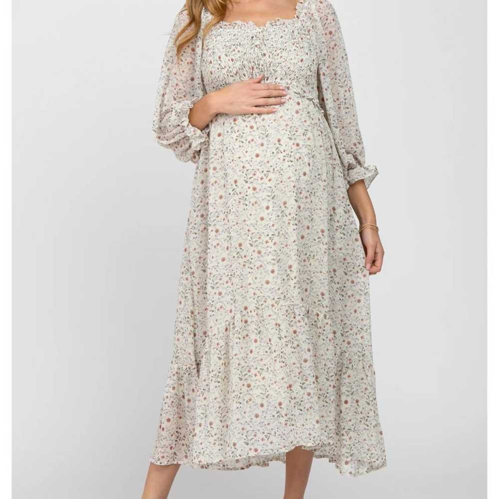 Cream Floral Smocked Maternity Midi Dress - image 1