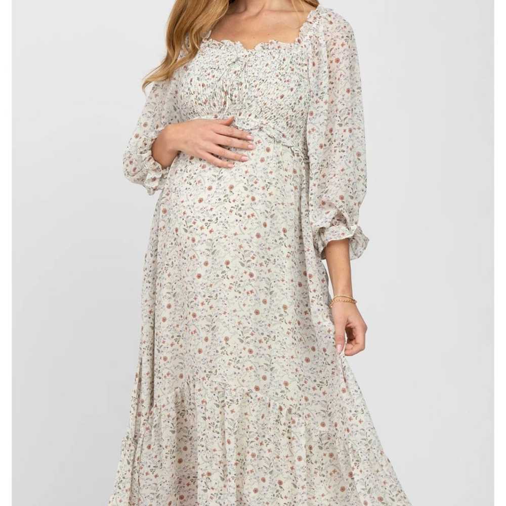 Cream Floral Smocked Maternity Midi Dress - image 2