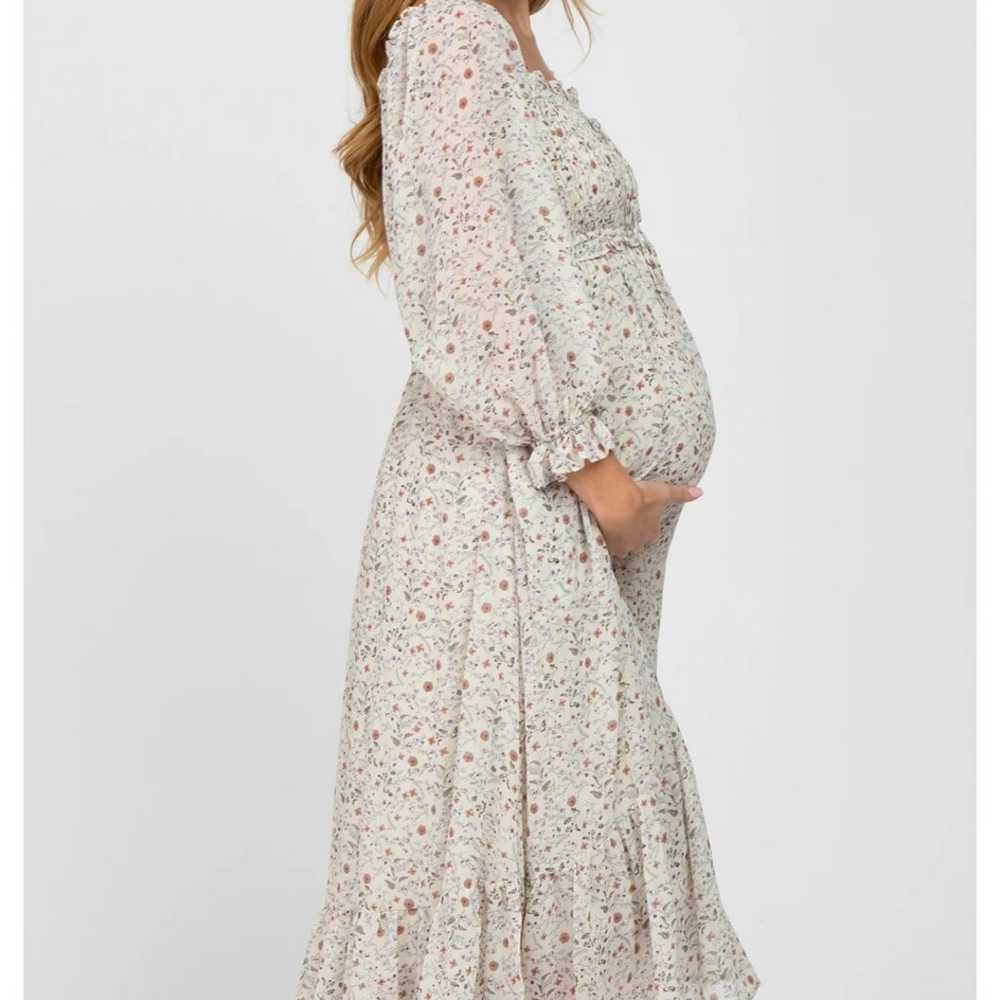 Cream Floral Smocked Maternity Midi Dress - image 3