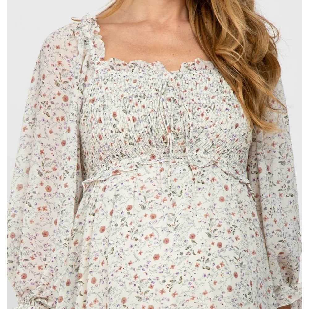 Cream Floral Smocked Maternity Midi Dress - image 5