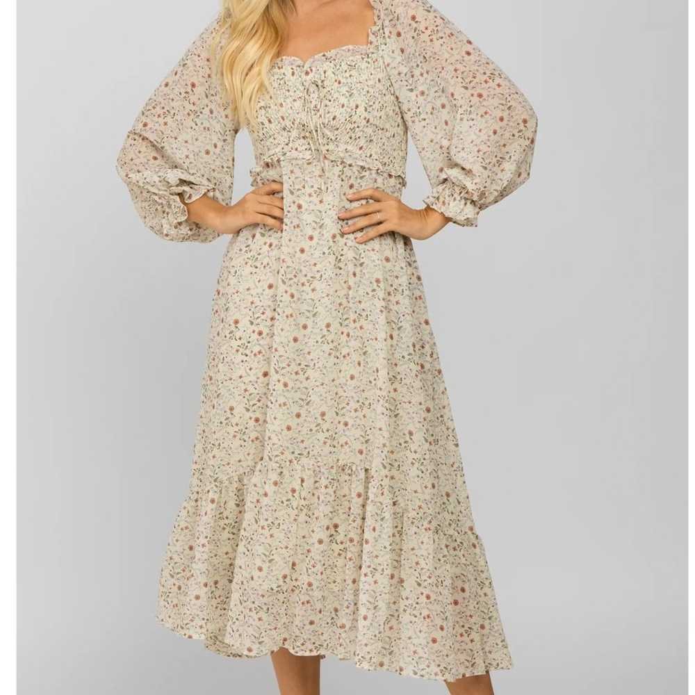 Cream Floral Smocked Maternity Midi Dress - image 6