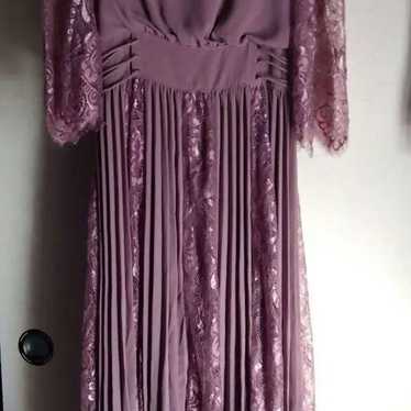 Mauve Color Lace Long Sleeve Pleated Long Dress - image 1