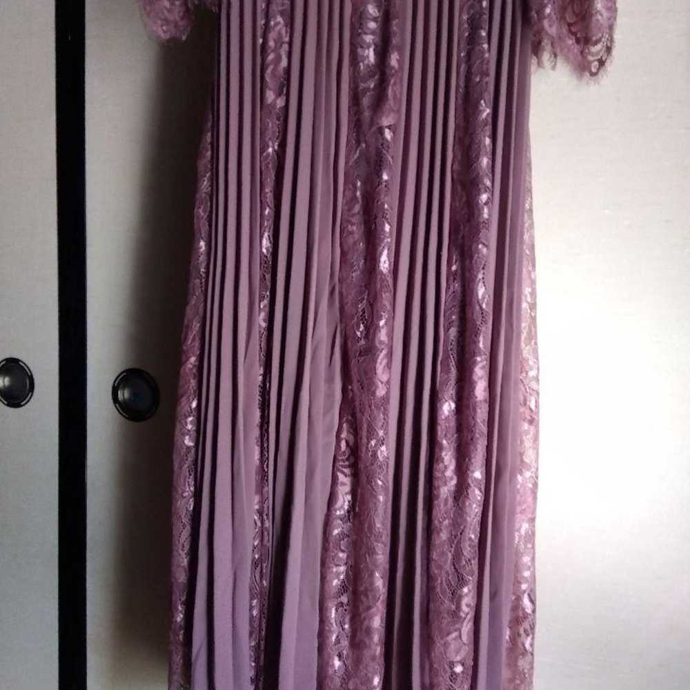 Mauve Color Lace Long Sleeve Pleated Long Dress - image 3