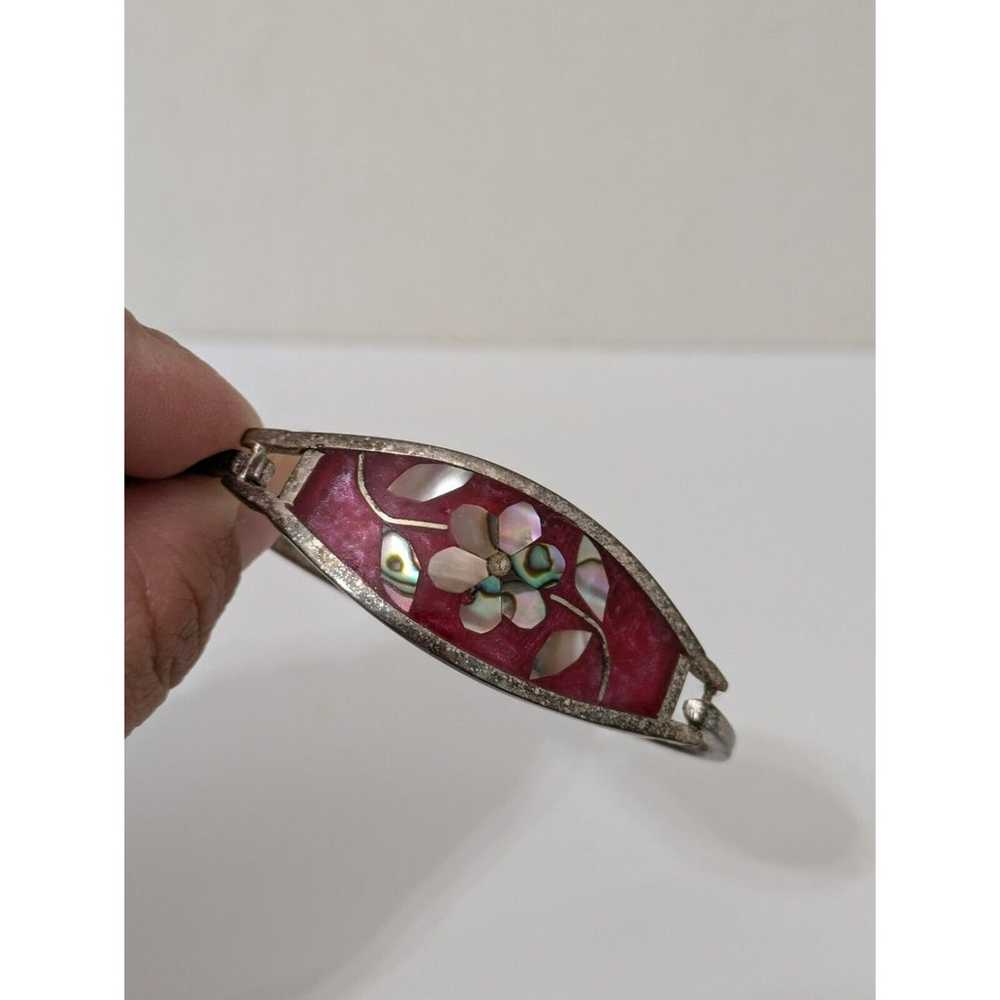 Vintage Alpaca (Mexico) flower Red Enamel Bracele… - image 4