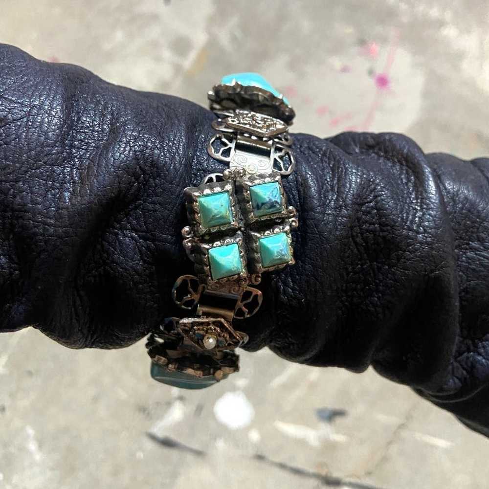 Silvertone faux turquoise link bracelet. 7.5" Vin… - image 1