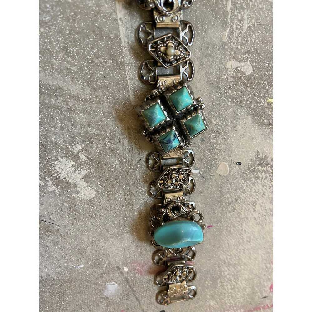 Silvertone faux turquoise link bracelet. 7.5" Vin… - image 2