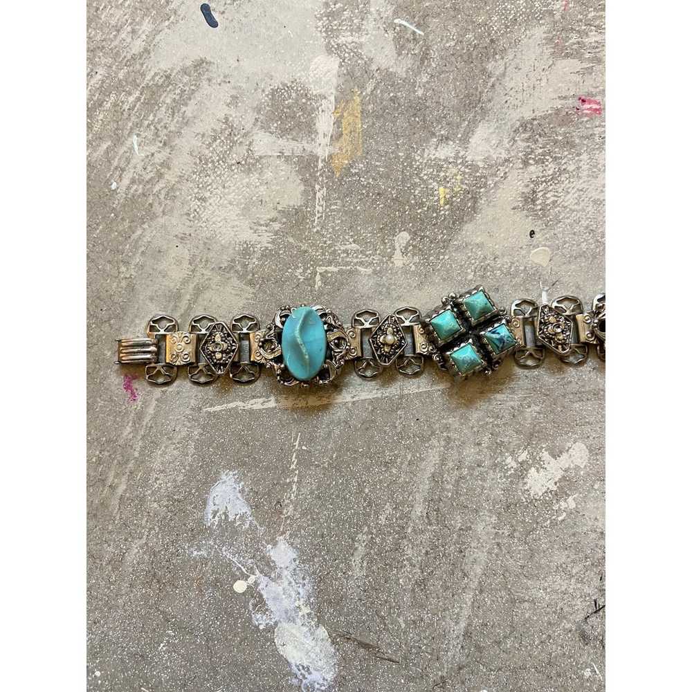 Silvertone faux turquoise link bracelet. 7.5" Vin… - image 4