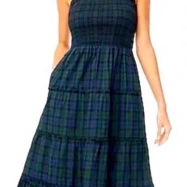 J.CREW PLAID POPLIN TARTAN NAVY GREEN SMOCKED RUFF