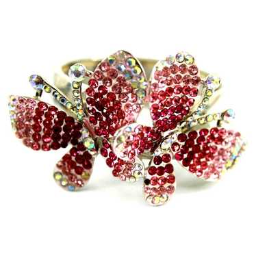 Pink & White Rhinestone Butterfly Silvertone Stret